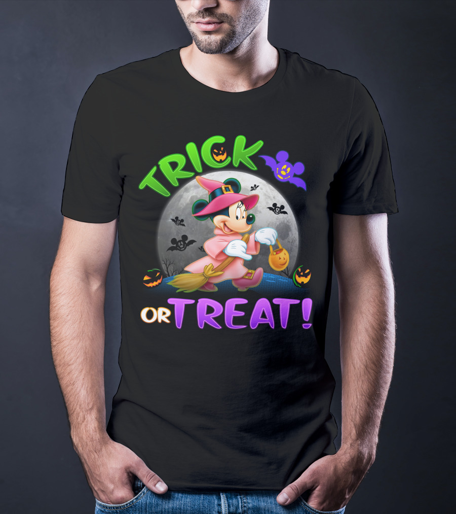 Trick Or Treat Minnie Halloween Witch Costume Broom Moon Bats Pumpkins T-Shirt