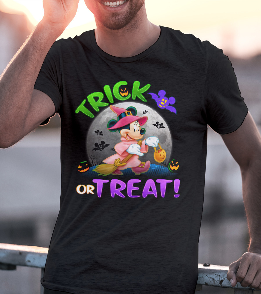 Trick Or Treat Minnie Halloween Witch Costume Broom Moon Bats Pumpkins T-Shirt