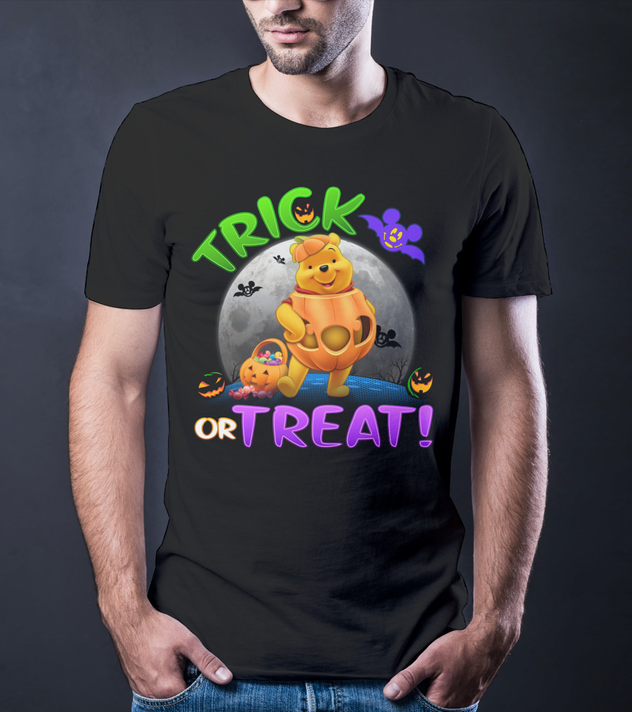 Trick Or Treat Pooh Halloween Moon Bats And Pumpkins T-Shirt