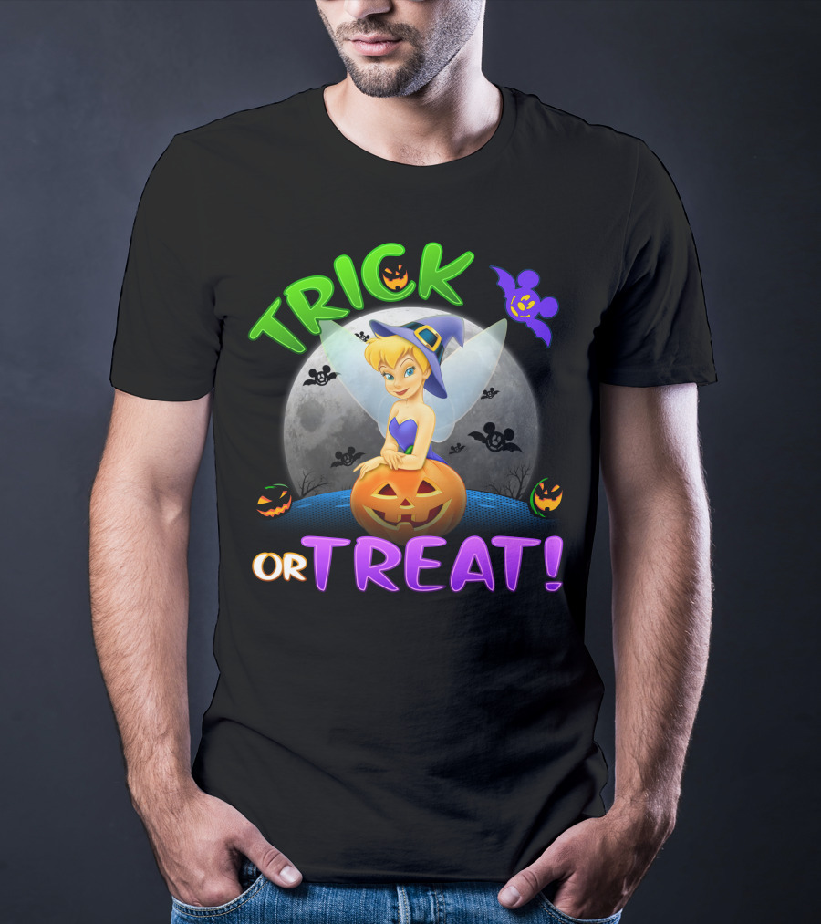 Trick Or Treat Tinker Bell Halloween Jack-O'-Lantern Moon Bat Mickey Ears T-Shirt