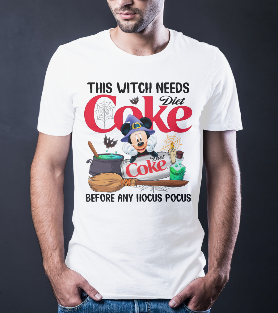 This Witch Needs Diet Coke Before Any Hocus Pocus Mouse Hat Potion Broom Cauldron T-Shirt