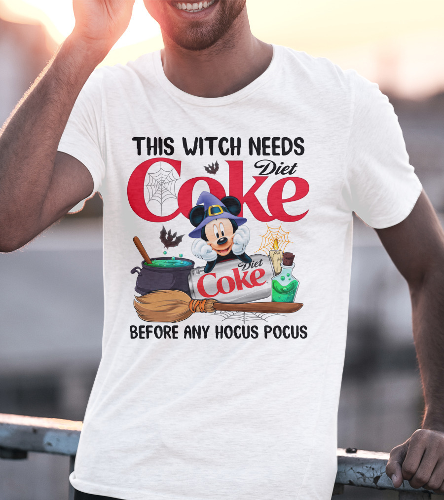 This Witch Needs Diet Coke Before Any Hocus Pocus Mouse Hat Potion Broom Cauldron T-Shirt
