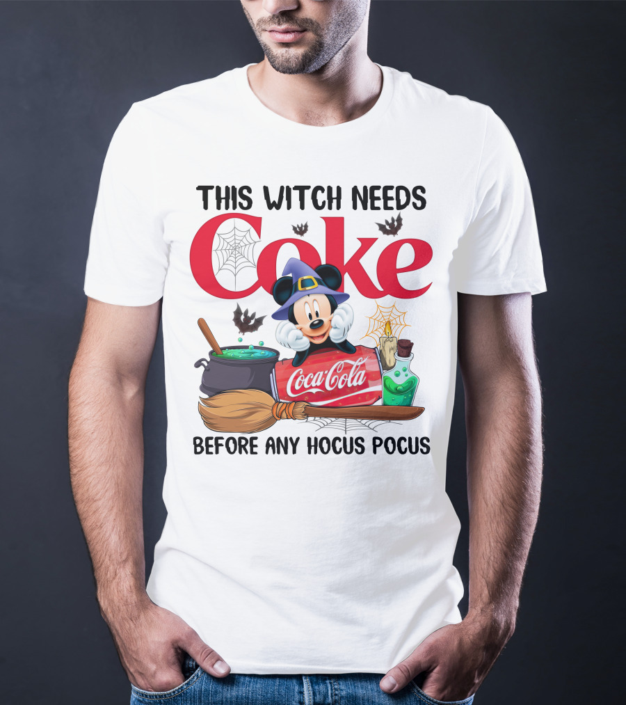 This Witch Needs Coke With Mickey Mouse Before Any Hocus Pocus Coca-Cola Magic Cauldron Broom Potion T-Shirt