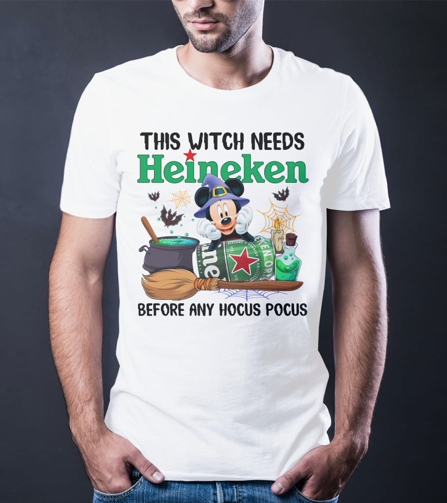 This Witch Needs Heineken With Cartoon Mouse In Wizard Hat Before Any Hocus Pocus T-Shirt