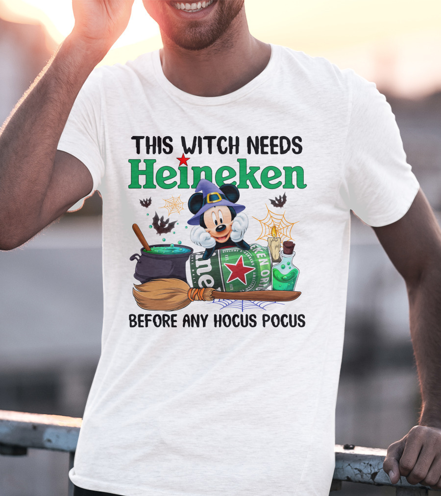This Witch Needs Heineken With Cartoon Mouse In Wizard Hat Before Any Hocus Pocus T-Shirt