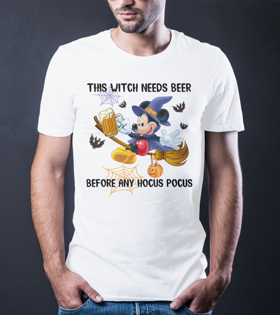 This Witch Needs Beer Before Any Hocus Pocus Halloween Character On Broom With Pumpkin And Beer Mug T-Shirt