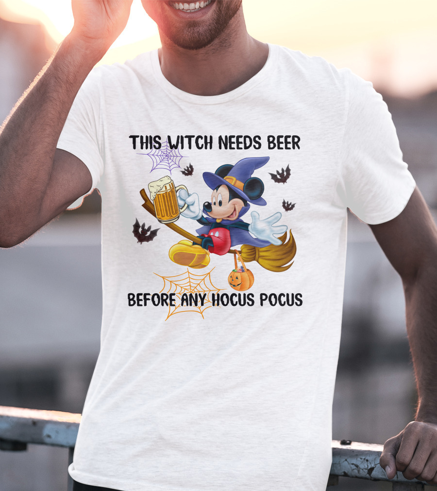 This Witch Needs Beer Before Any Hocus Pocus Halloween Character On Broom With Pumpkin And Beer Mug T-Shirt