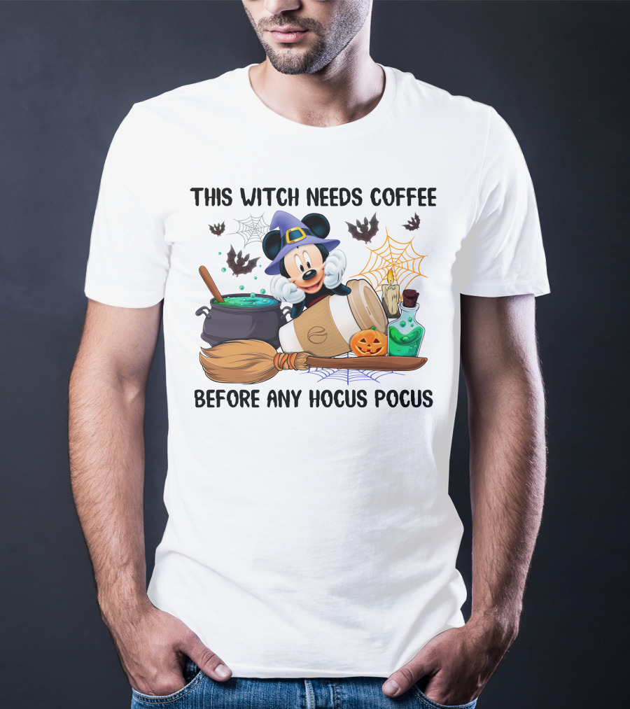 This Witch Needs Coffee Mickey Cauldron Bats Potion Pumpkin Broom Hocus Pocus T-Shirt