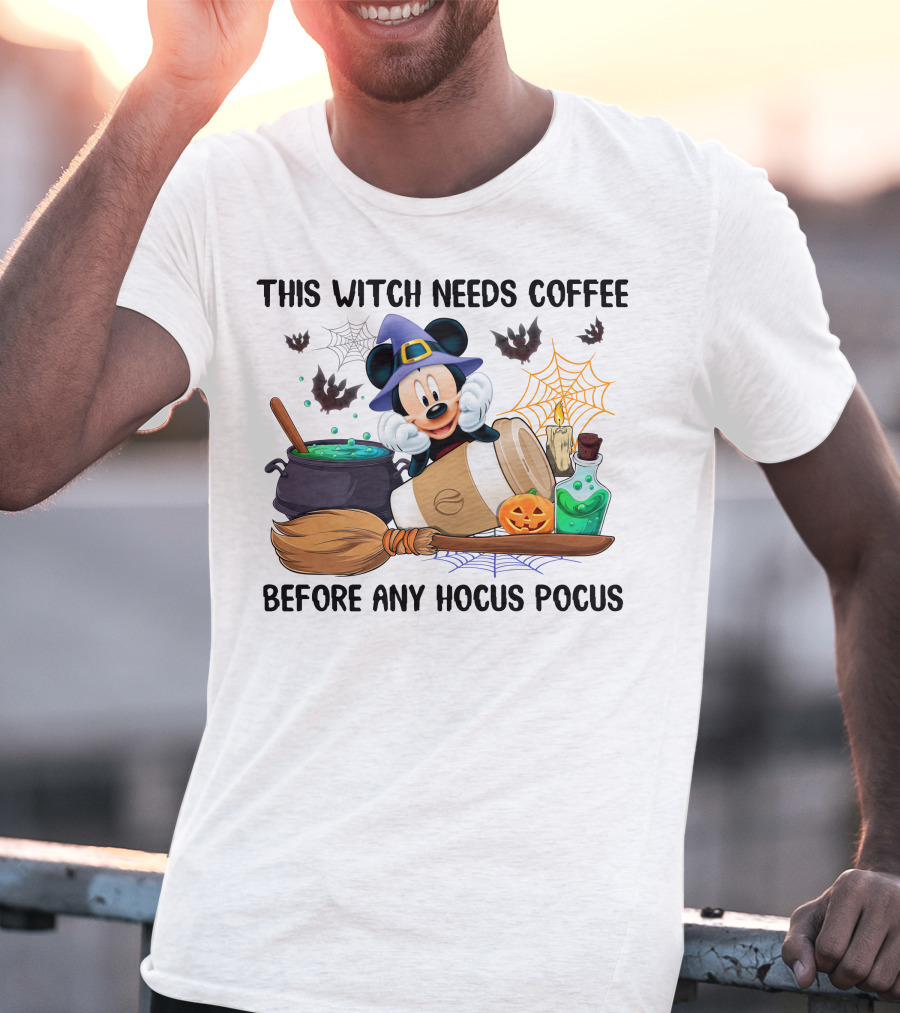 This Witch Needs Coffee Mickey Cauldron Bats Potion Pumpkin Broom Hocus Pocus T-Shirt