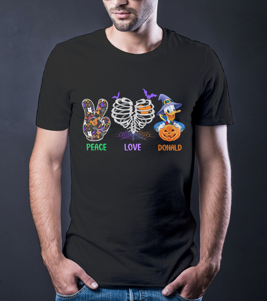 Peace Love Donald Halloween Duck With Pumpkin And Bats T-Shirt