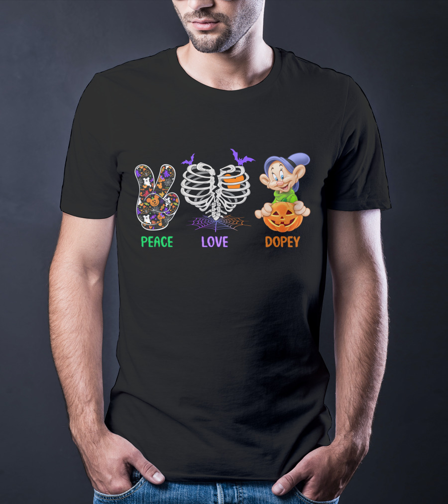 Peace Love Dopey Halloween Skeleton Pumpkin T-Shirt