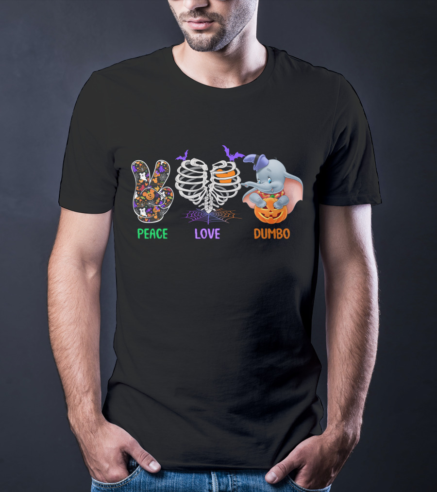 Peace Love Dumbo Halloween Pumpkin Skeleton T-Shirt