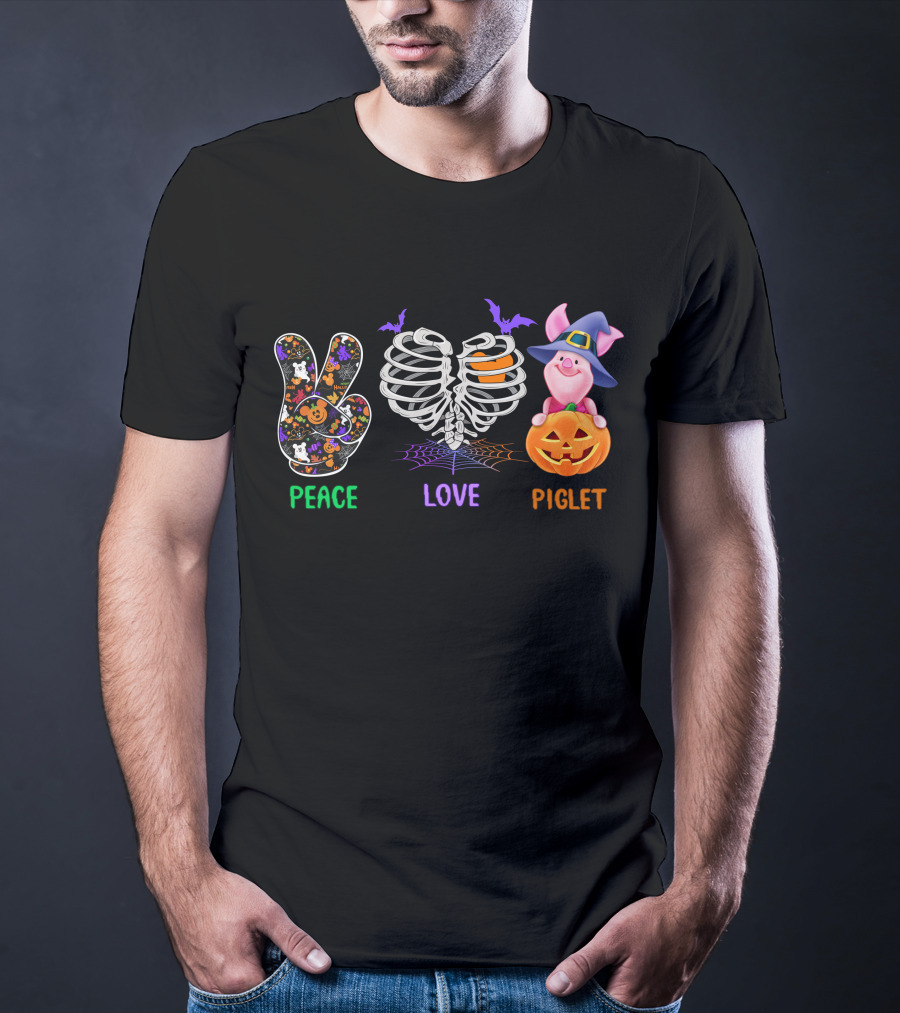 Peace Love Piglet Halloween Theme Pumpkin Skeleton Bats T-Shirt