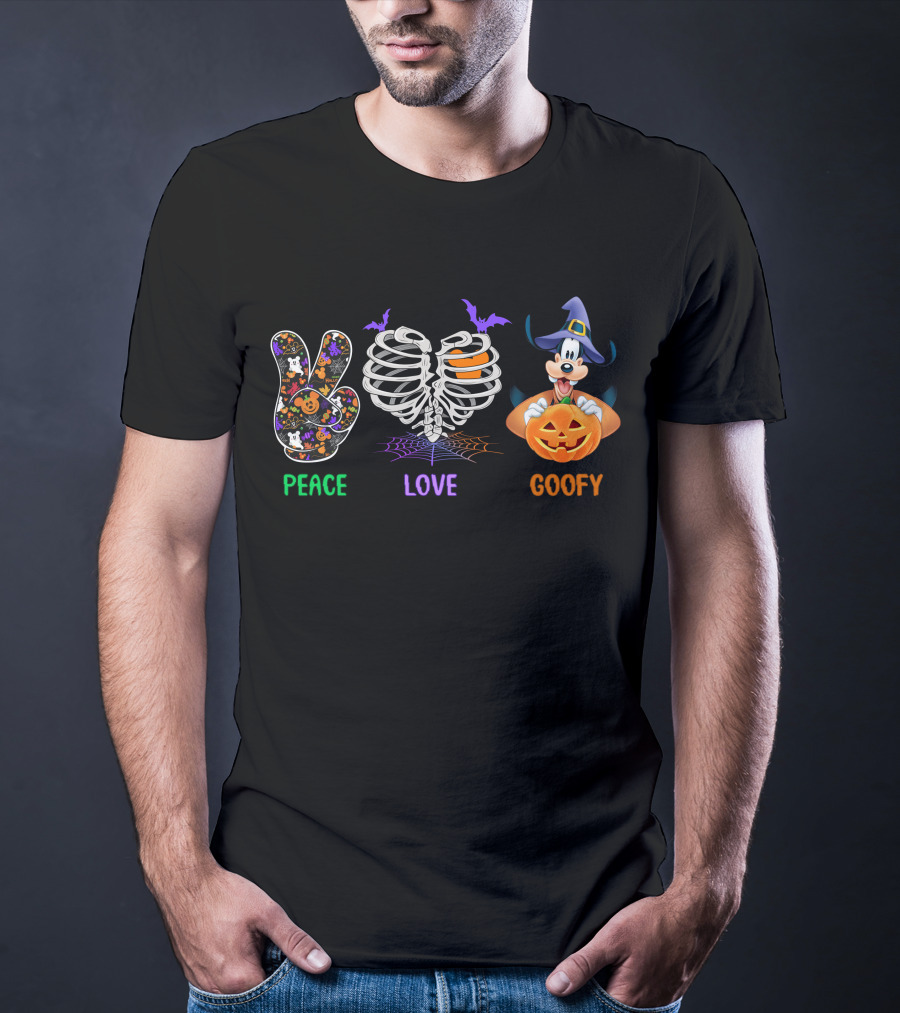 Peace Love Goofy Halloween Skeleton Ribcage Pumpkin And Bat Icons T-Shirt