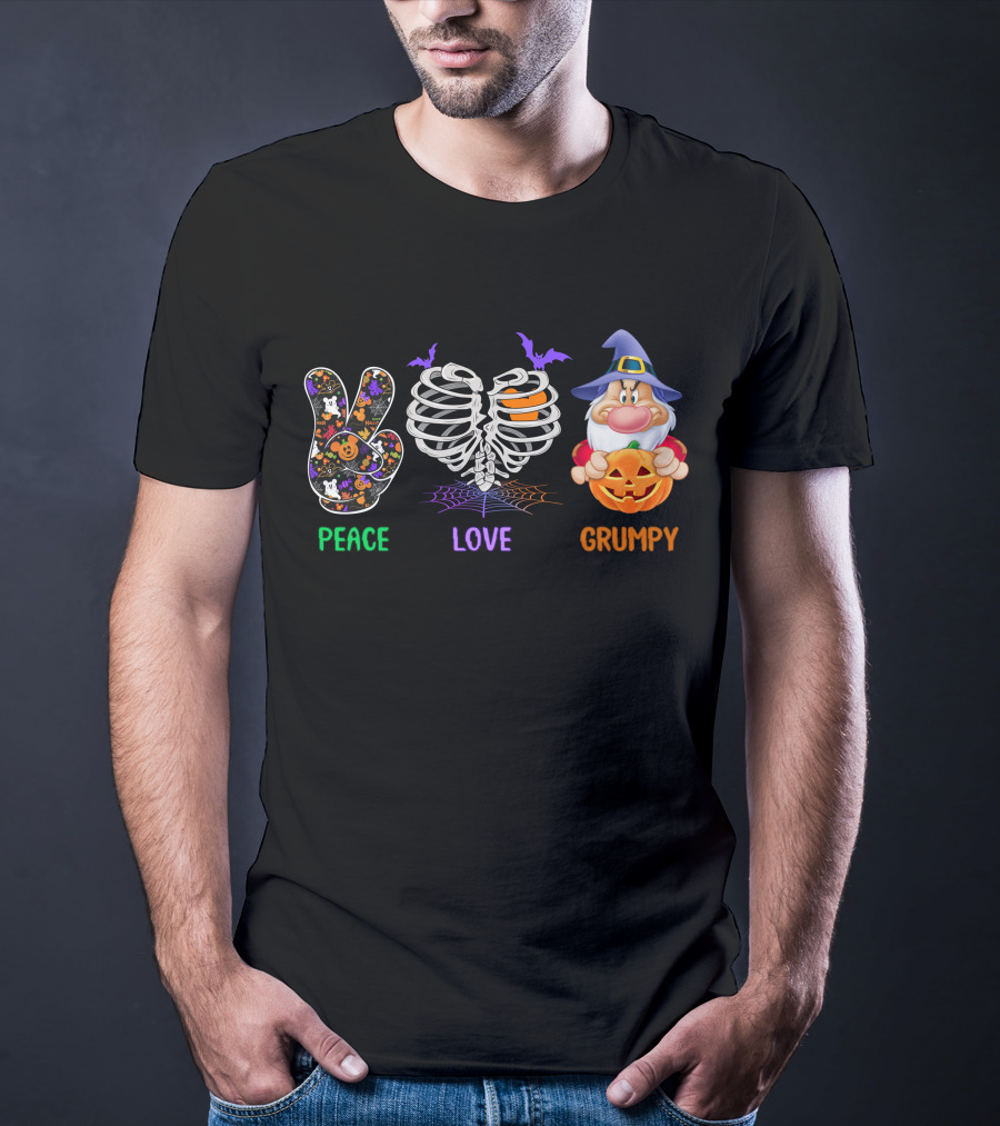 Peace Love Grumpy Halloween Skeleton Gnome With Pumpkin And Bat Hat T-Shirt