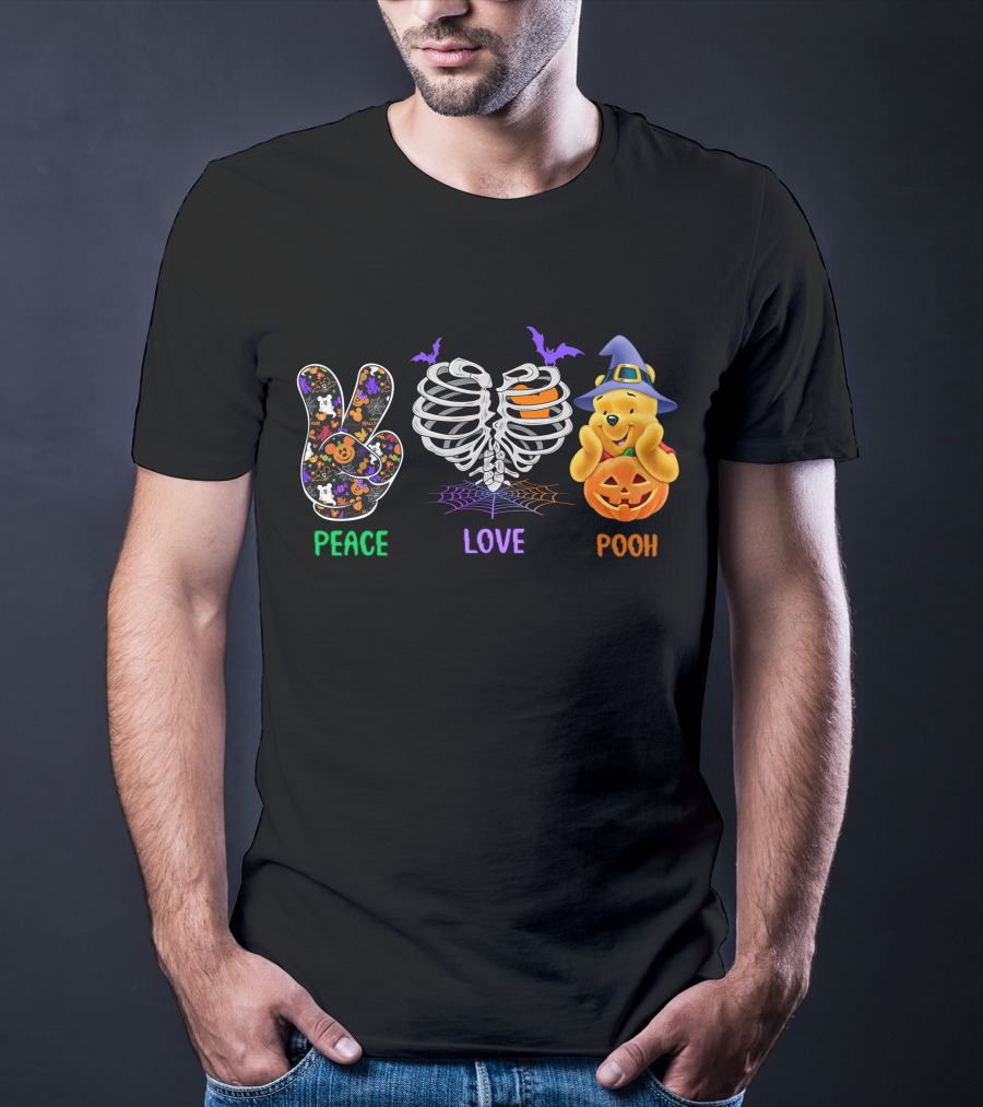 Peace Love Pooh Halloween Pumpkin Skeleton Ribs T-Shirt