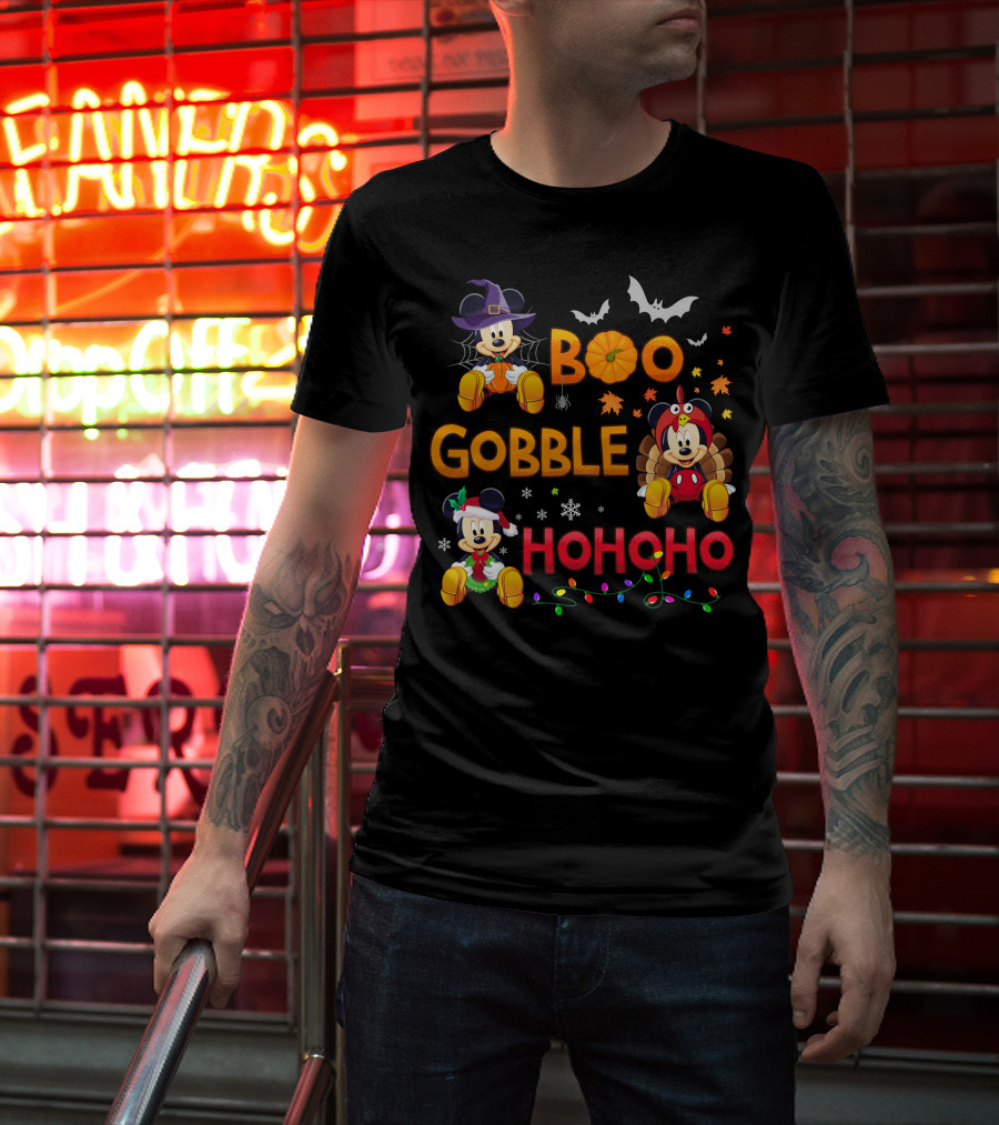 Boo Gobble Hohoho 2 Halloween Thanksgiving Christmas Mickey Minnie T-Shirt