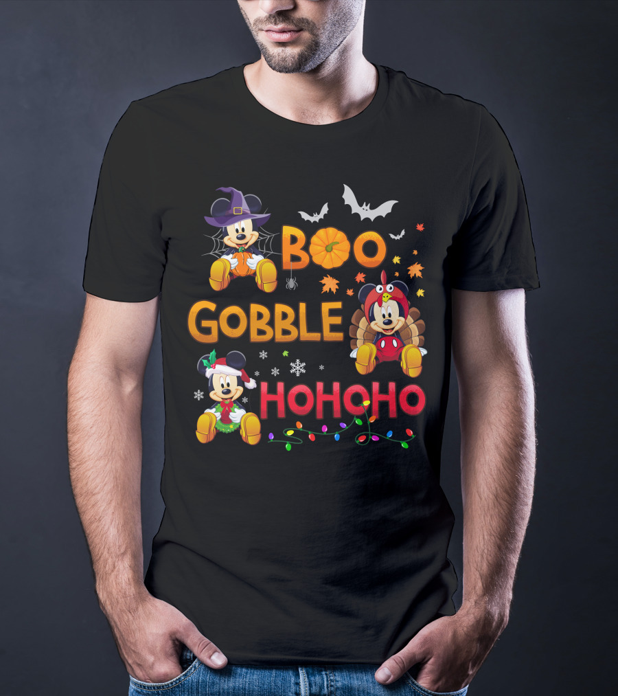 Boo Gobble Hohoho 2 Halloween Thanksgiving Christmas Mickey Minnie T-Shirt