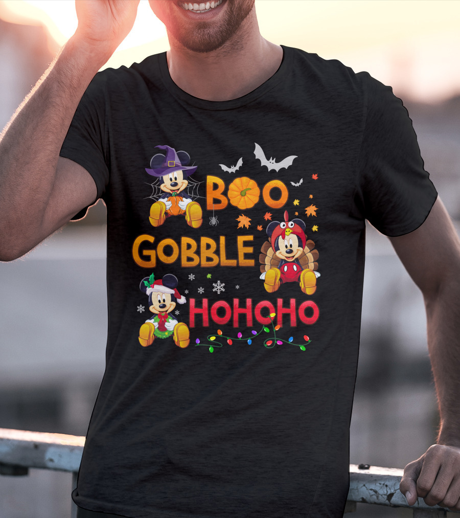 Boo Gobble Hohoho 2 Halloween Thanksgiving Christmas Mickey Minnie T-Shirt