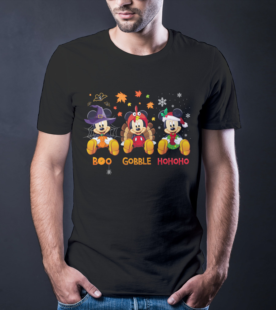 Boo Gobble Hohoho Mickey Mouse Halloween Thanksgiving Christmas Theme T-Shirt