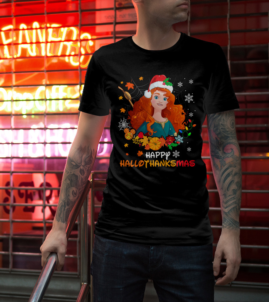 Merida Happy Hallothanksmas With Leaves And Snowflakes T-Shirt
