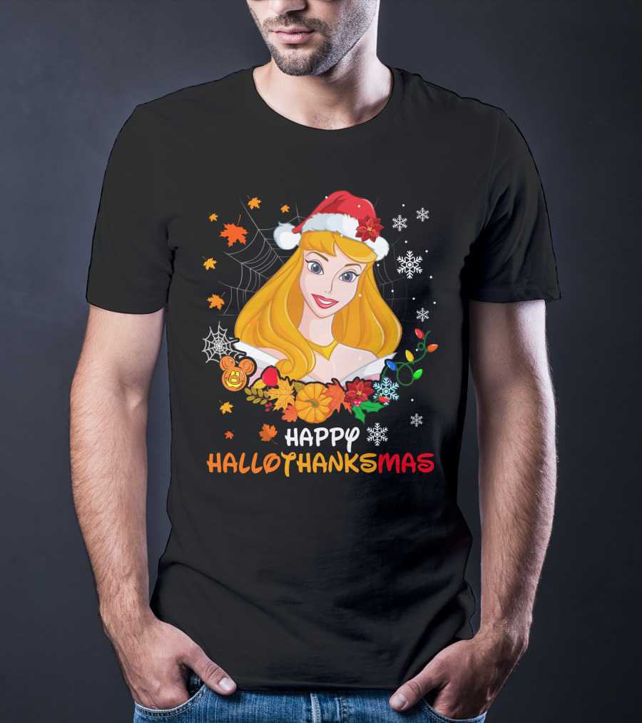 Happy Hallothanksmas Aurora Santa Hat Snowflakes Leaves T-Shirt