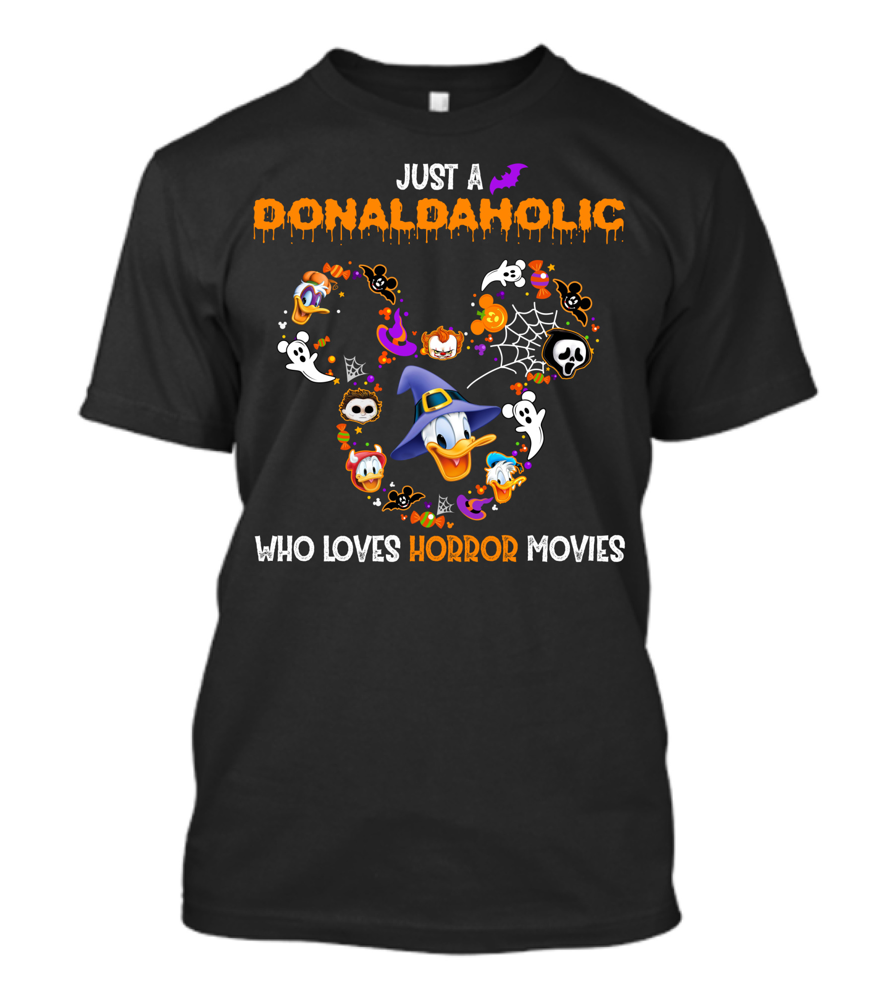 Just A Donaldaholic Who Loves Horror Movies Halloween Donald Duck Ghosts Pumpkins Bat Spiderweb T-Shirt
