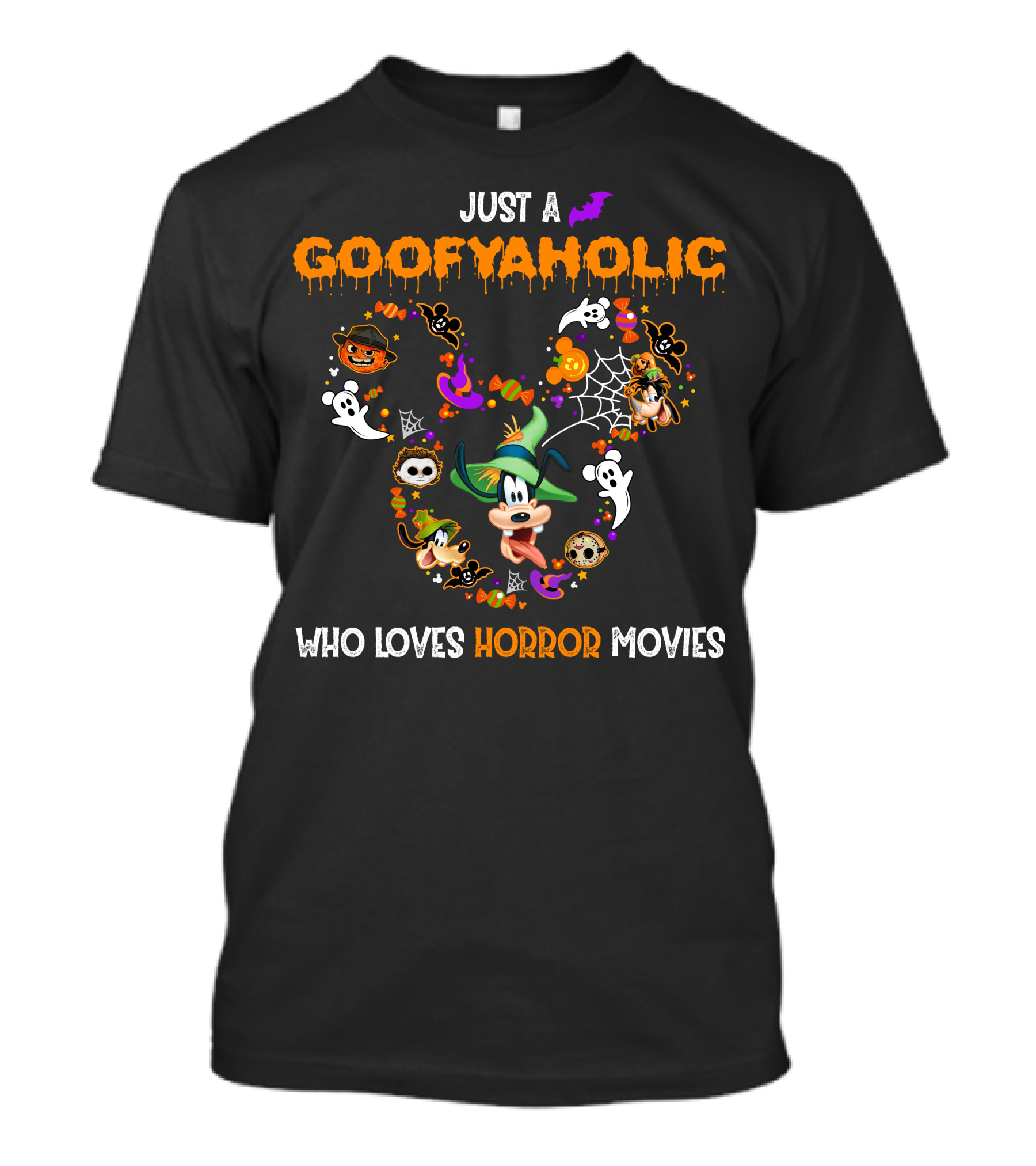 Just A Goofyaholic Who Loves Horror Movies Halloween Theme With Goofy Icons T-Shirt