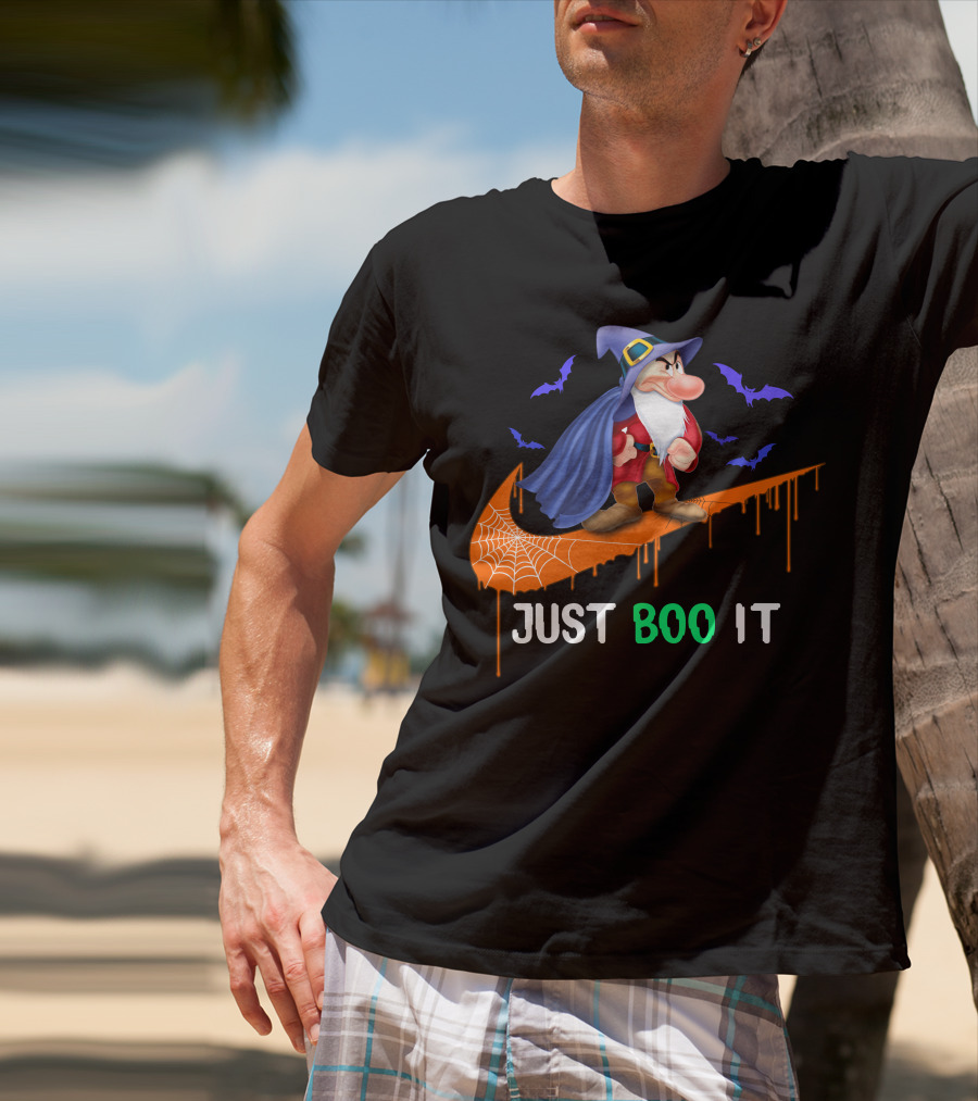 Just Boo It Witch Hat Grumpy With Purple Bats And Orange Swoosh T-Shirt