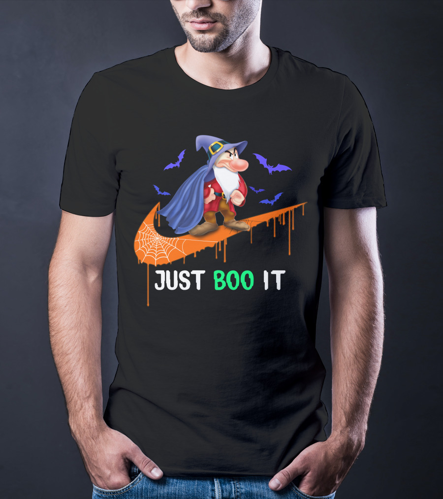 Just Boo It Witch Hat Grumpy With Purple Bats And Orange Swoosh T-Shirt