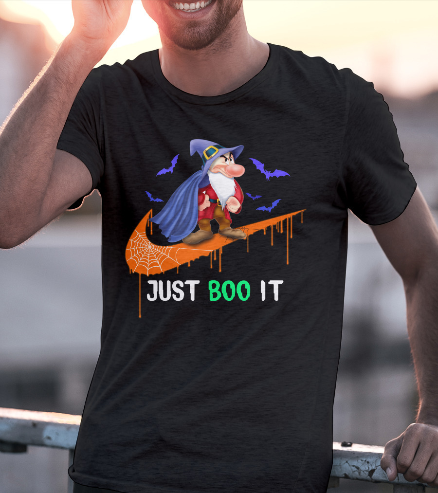 Just Boo It Witch Hat Grumpy With Purple Bats And Orange Swoosh T-Shirt