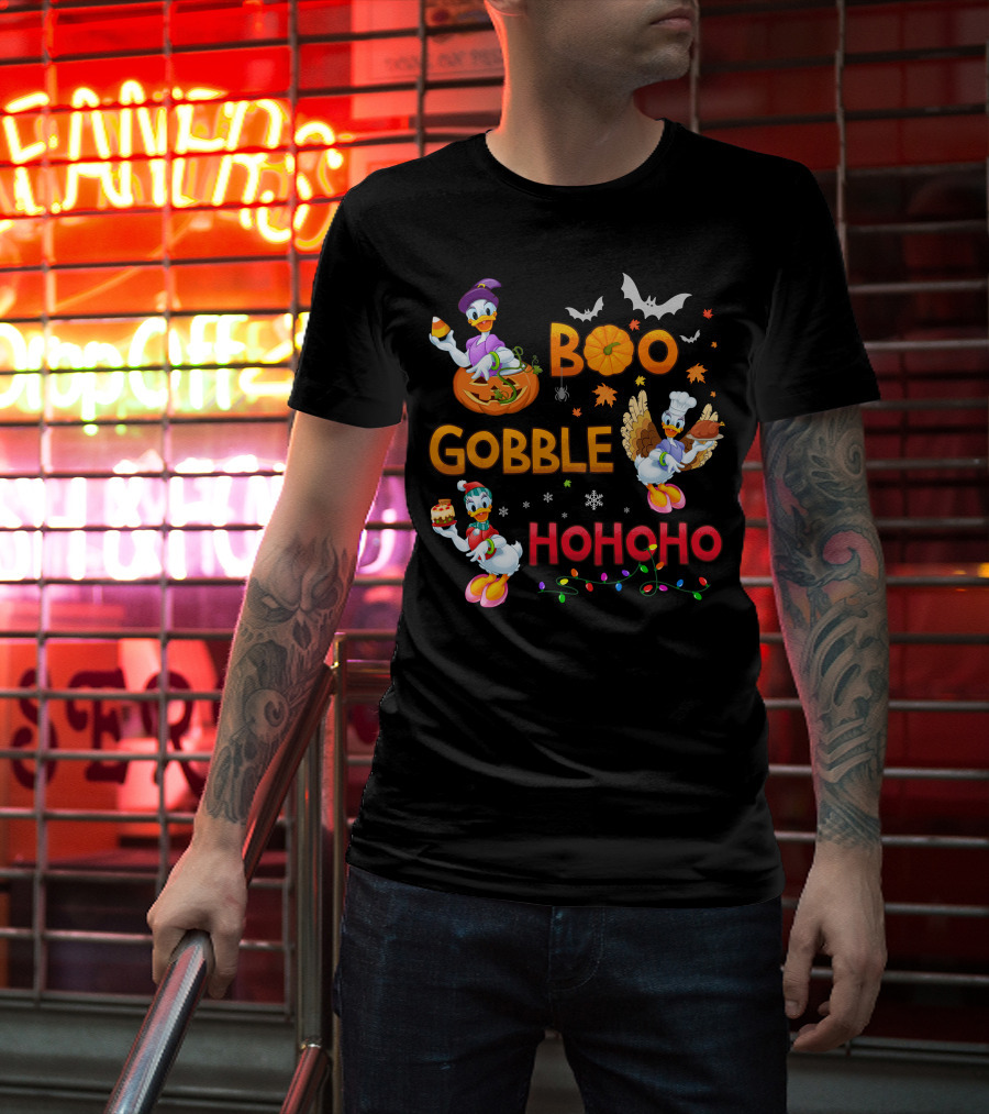Boo Gobble Hohoho Daisy Duck Halloween Thanksgiving Christmas T-Shirt