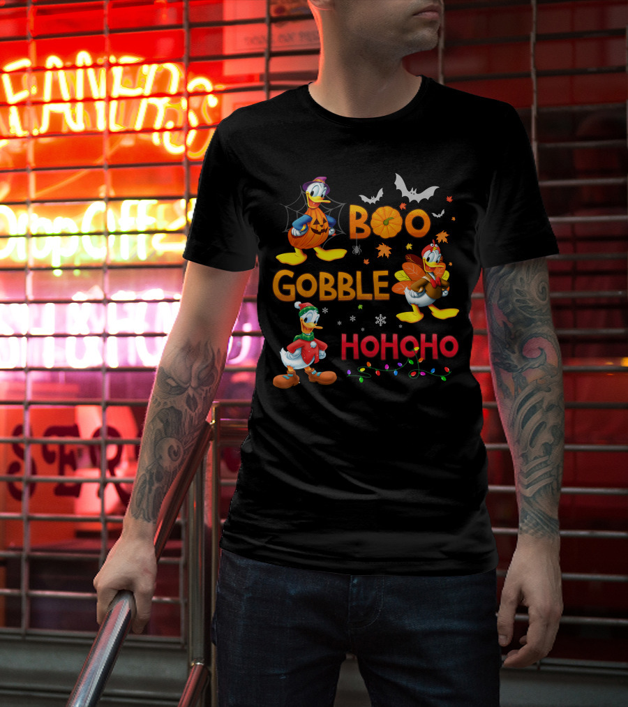 Boo Gobble Hohoho Donald Duck Halloween Thanksgiving Christmas T-Shirt