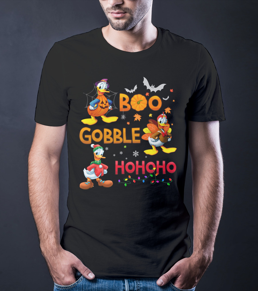 Boo Gobble Hohoho Donald Duck Halloween Thanksgiving Christmas T-Shirt