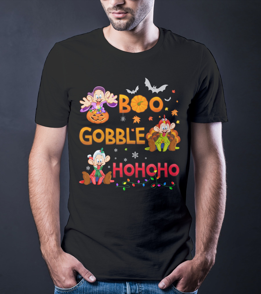 Boo Gobble Hohoho Dopey Halloween Thanksgiving Christmas T-Shirt
