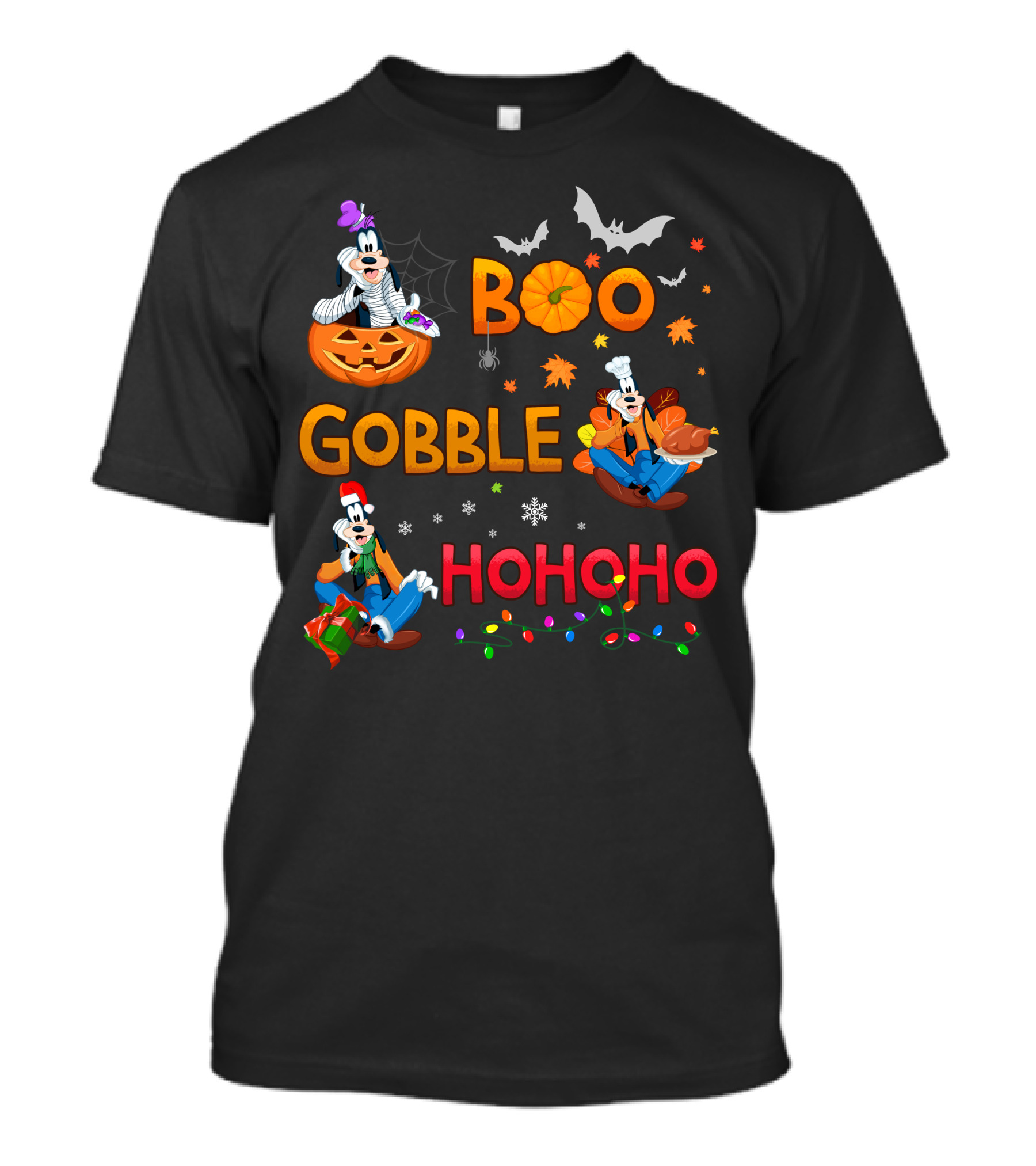 Boo Gobble Ho Ho Ho Goofy Halloween Thanksgiving Christmas T-Shirt