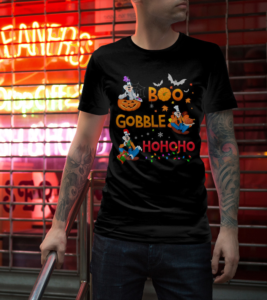 Boo Gobble Ho Ho Ho Goofy Halloween Thanksgiving Christmas T-Shirt