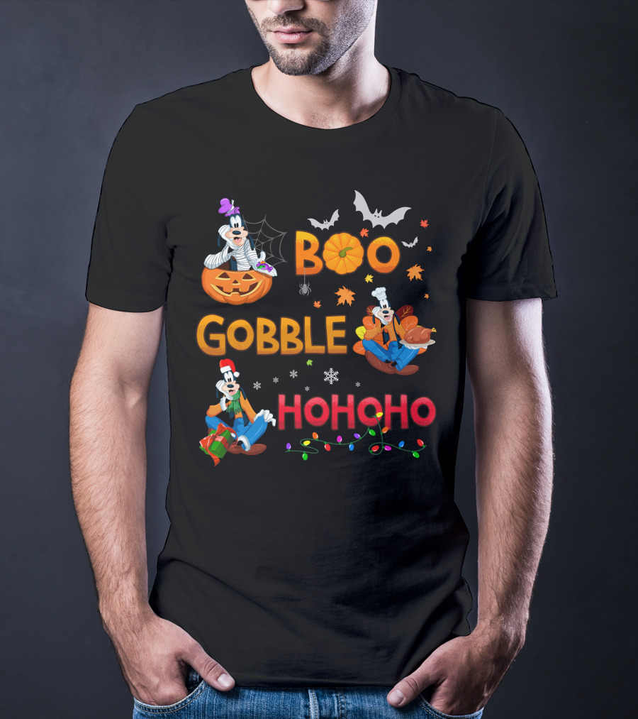 Boo Gobble Ho Ho Ho Goofy Halloween Thanksgiving Christmas T-Shirt