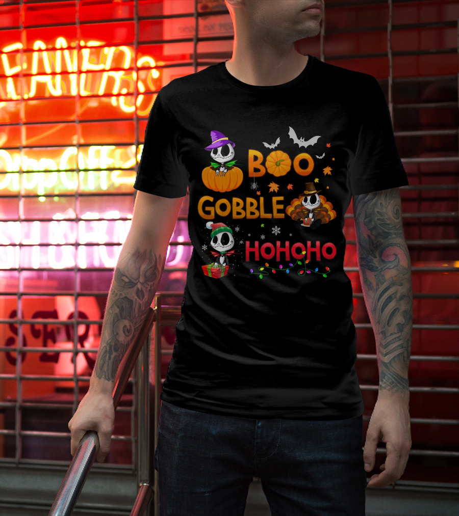 Boo Gobble Hohoho Jack Skellington Halloween Thanksgiving Christmas T-Shirt