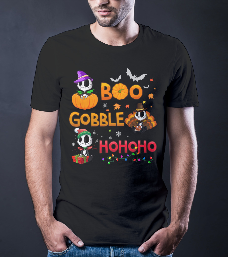Boo Gobble Hohoho Jack Skellington Halloween Thanksgiving Christmas T-Shirt
