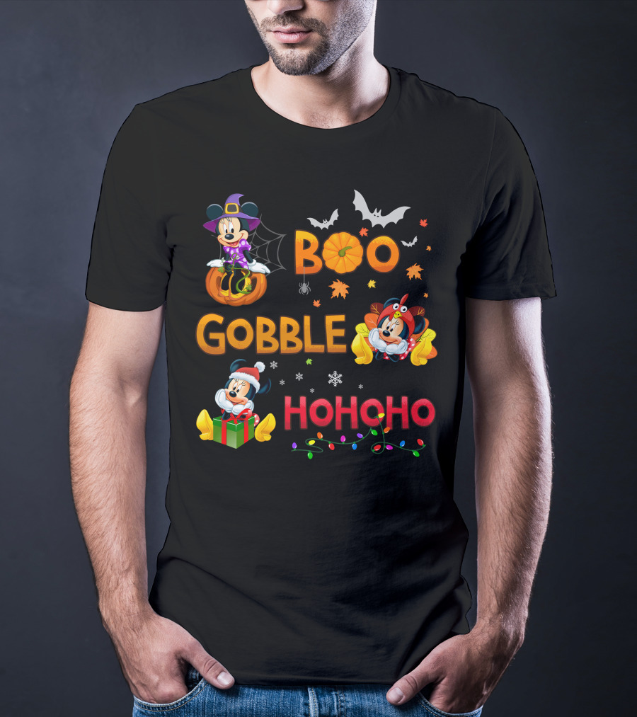 Boo Gobble Ho Ho Ho Minnie Halloween Thanksgiving Christmas T-Shirt