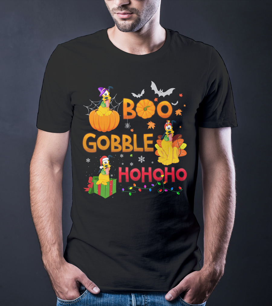 Boo Gobble Hohoho Pluto Halloween Thanksgiving Christmas T-Shirt