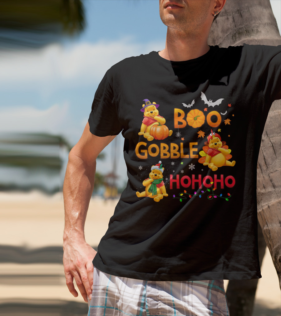 Boo Gobble Hohoho Pumpkin Bat Leaves Pooh T-Shirt
