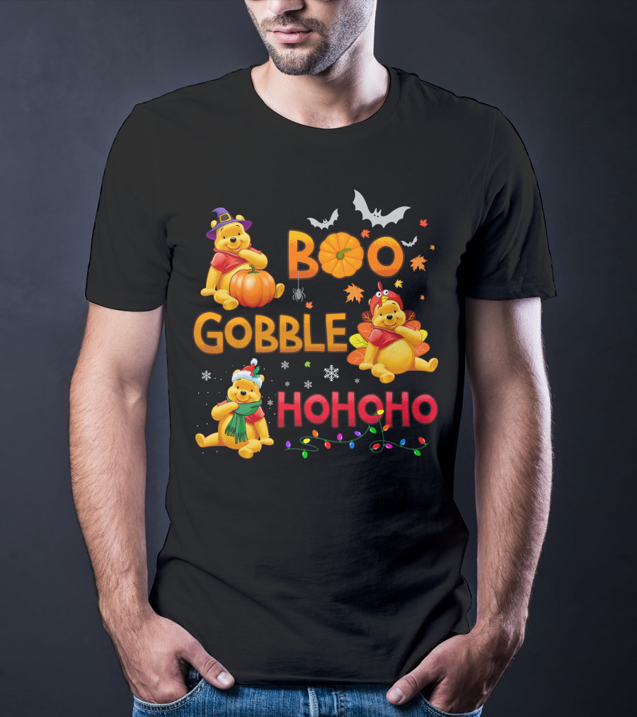 Boo Gobble Hohoho Pumpkin Bat Leaves Pooh T-Shirt