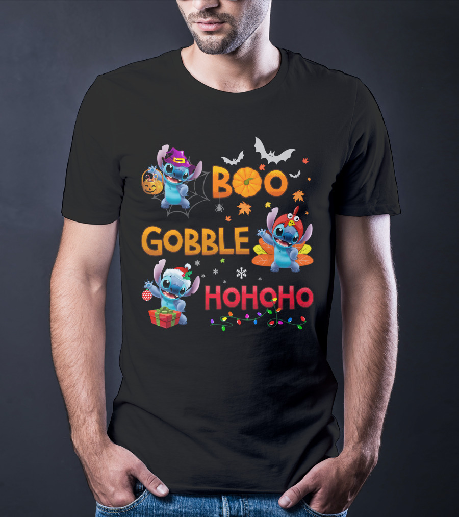 Boo Gobble Hohoho Stitch Halloween Thanksgiving Christmas T-Shirt