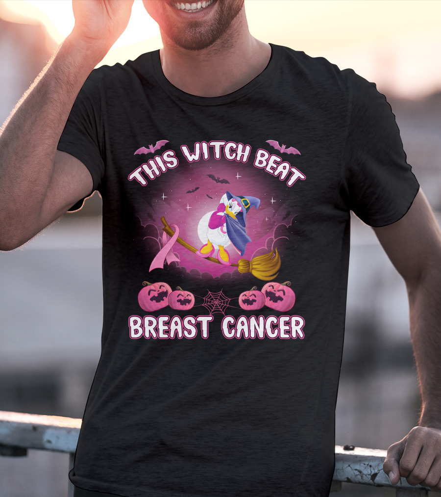 This Witch Beat Breast Cancer Daisy D Broom Pink Ribbon Pumpkins Bat Night Sky T-Shirt