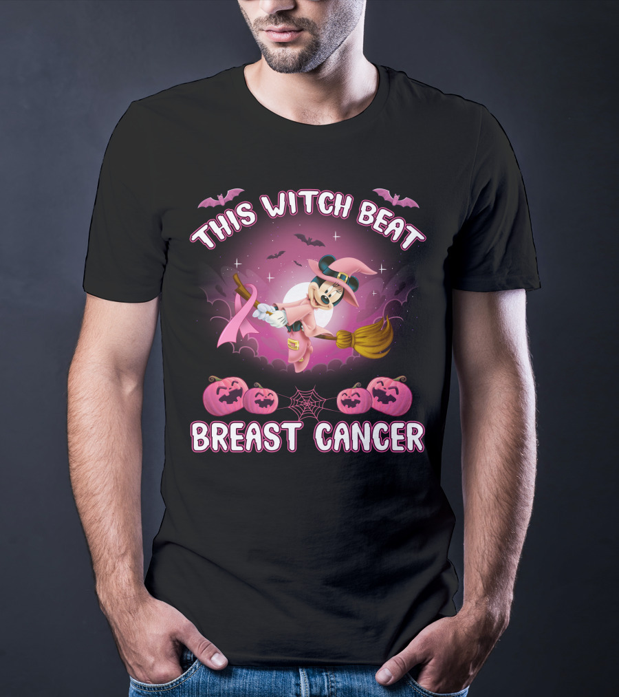 This Witch Beat Breast Cancer Minnie Witch Hat Pink Broom Halloween T-Shirt