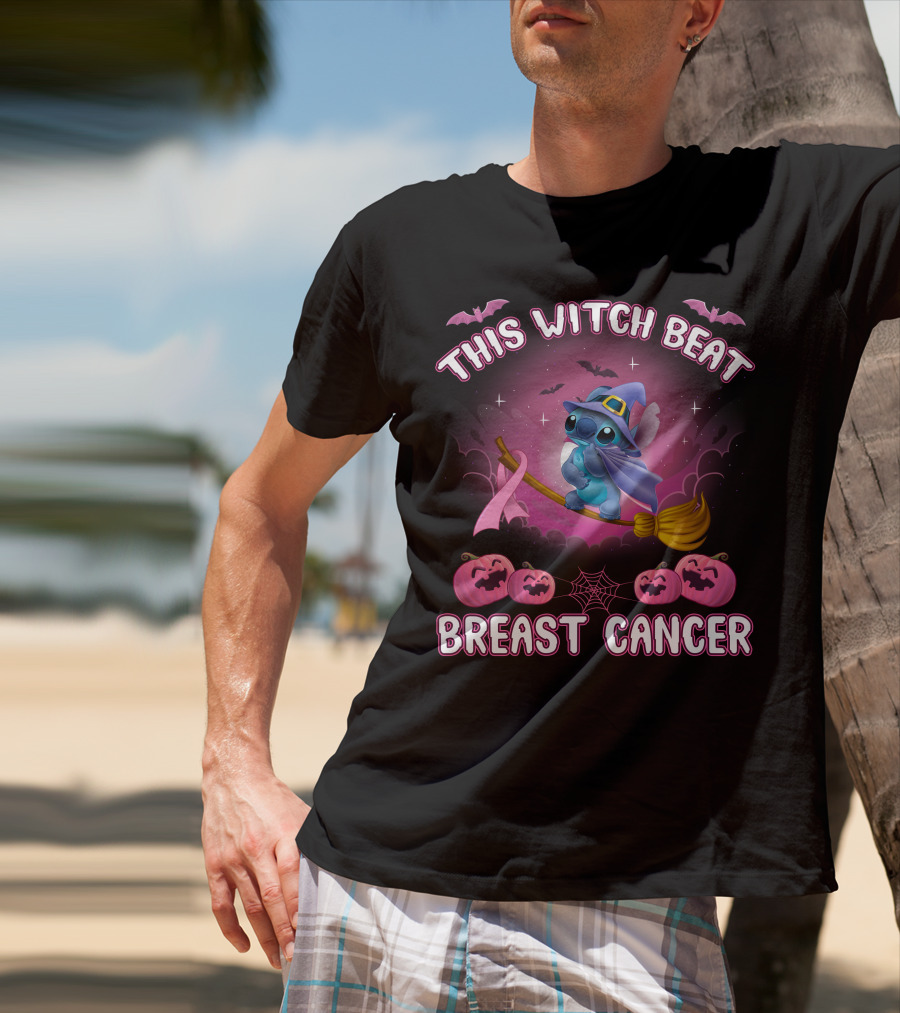 This Witch Beat Breast Cancer Stitch Riding Broom With Pumpkins And Bats T-Shirt