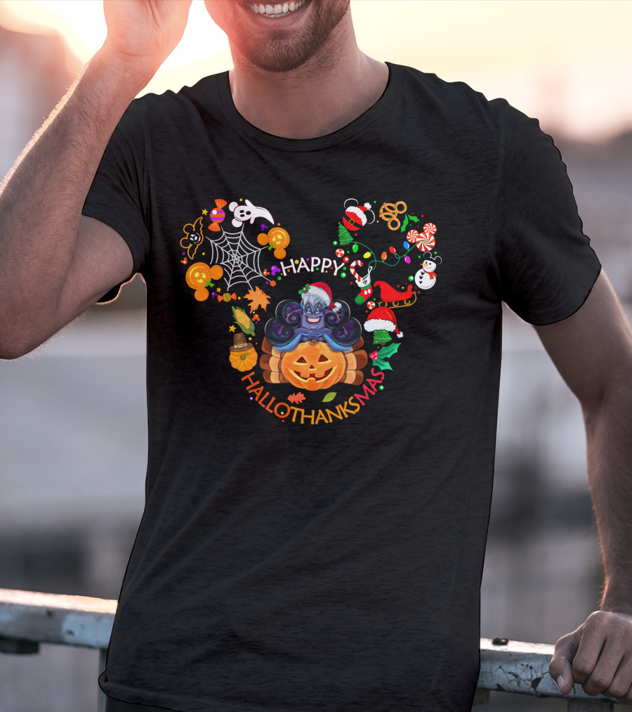Happy Hallothanksmas Ursula Disney Pumpkin Halloween Thanksgiving Christmas Mickey Mouse T-Shirt