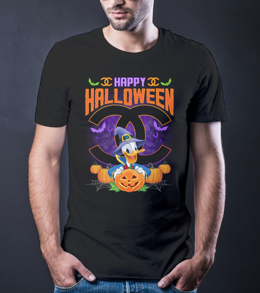 Happy Halloween Donald Duck Witch Pumpkin Bat Spiderwebs T-Shirt